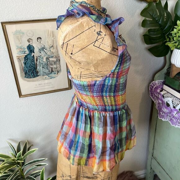Mi Ami Colorful Plaid Preppy Peplum Smocked Ruffle Flutter Sleeve Blouse Sz XS - Picture 4 of 11